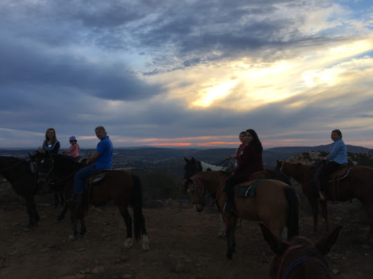 A dad leads a pony while two moms and two helmeted kids ride